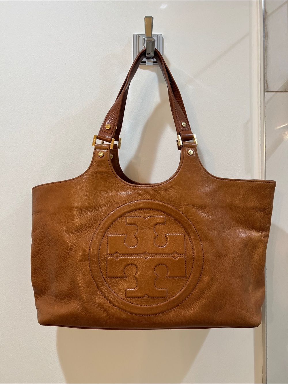 Tory Burch Cognac Leather Embossed Logo Tote
